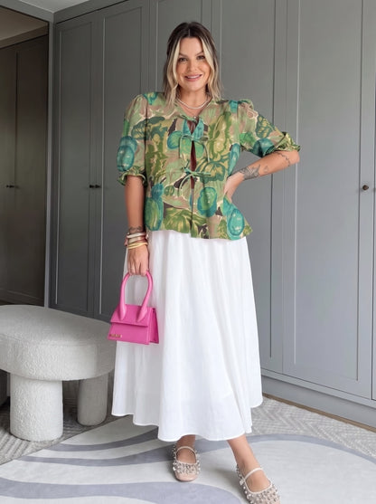 Green Tropical Floral Printed Flared Skirt Set