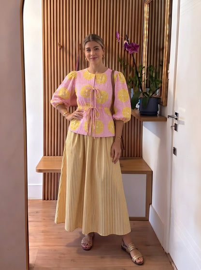 Yellow & Pink Lemon Printed Striped Skirt Set
