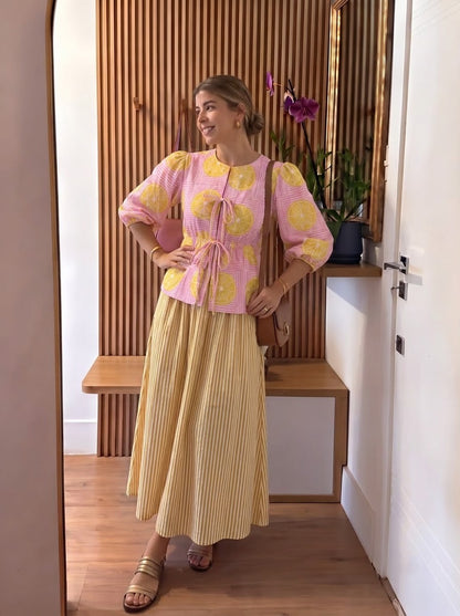 Yellow & Pink Lemon Printed Striped Skirt Set