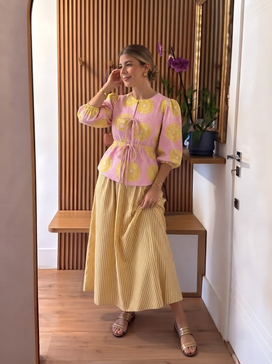 Yellow & Pink Lemon Printed Striped Skirt Set