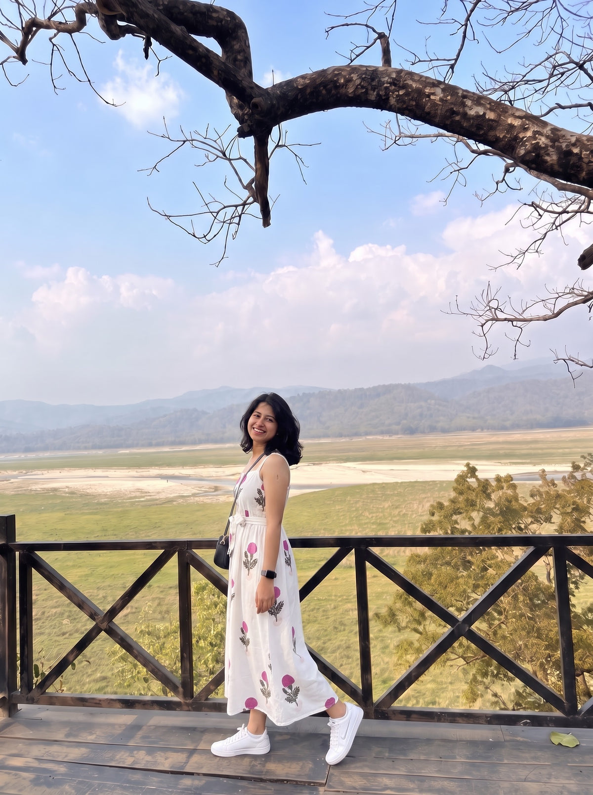 White Floral Print Button Midi Dress
