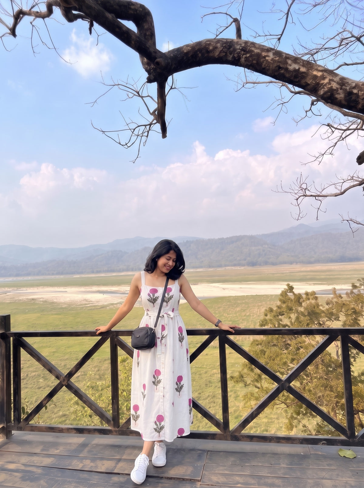 White Floral Print Button Midi Dress