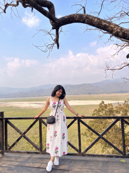 White Floral Print Button Midi Dress