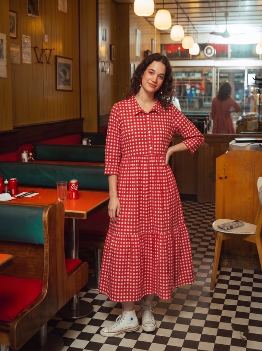 Red Checkered Button-Down Flared Maxi Dress