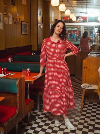 Red Checkered Button-Down Flared Maxi Dress