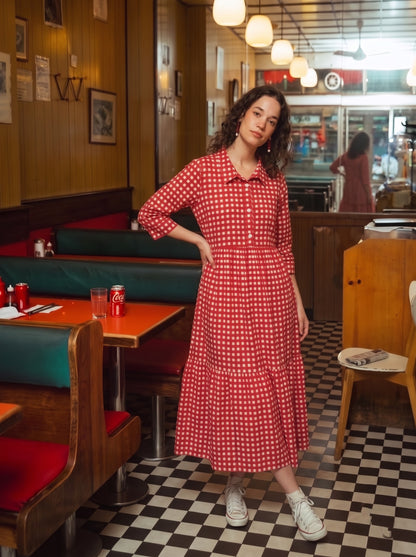 Red Checkered Button-Down Flared Maxi Dress