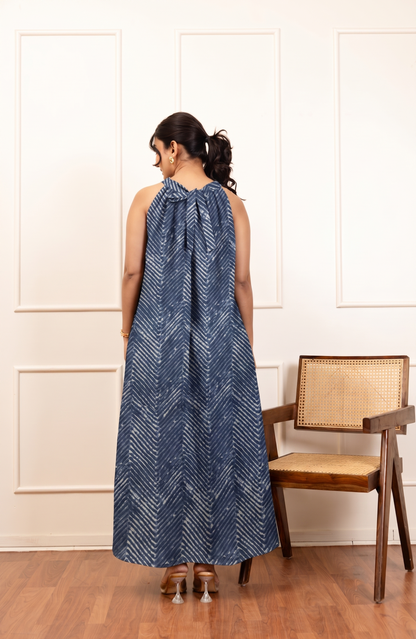 Blue Chevron Printed Halter Maxi Dress