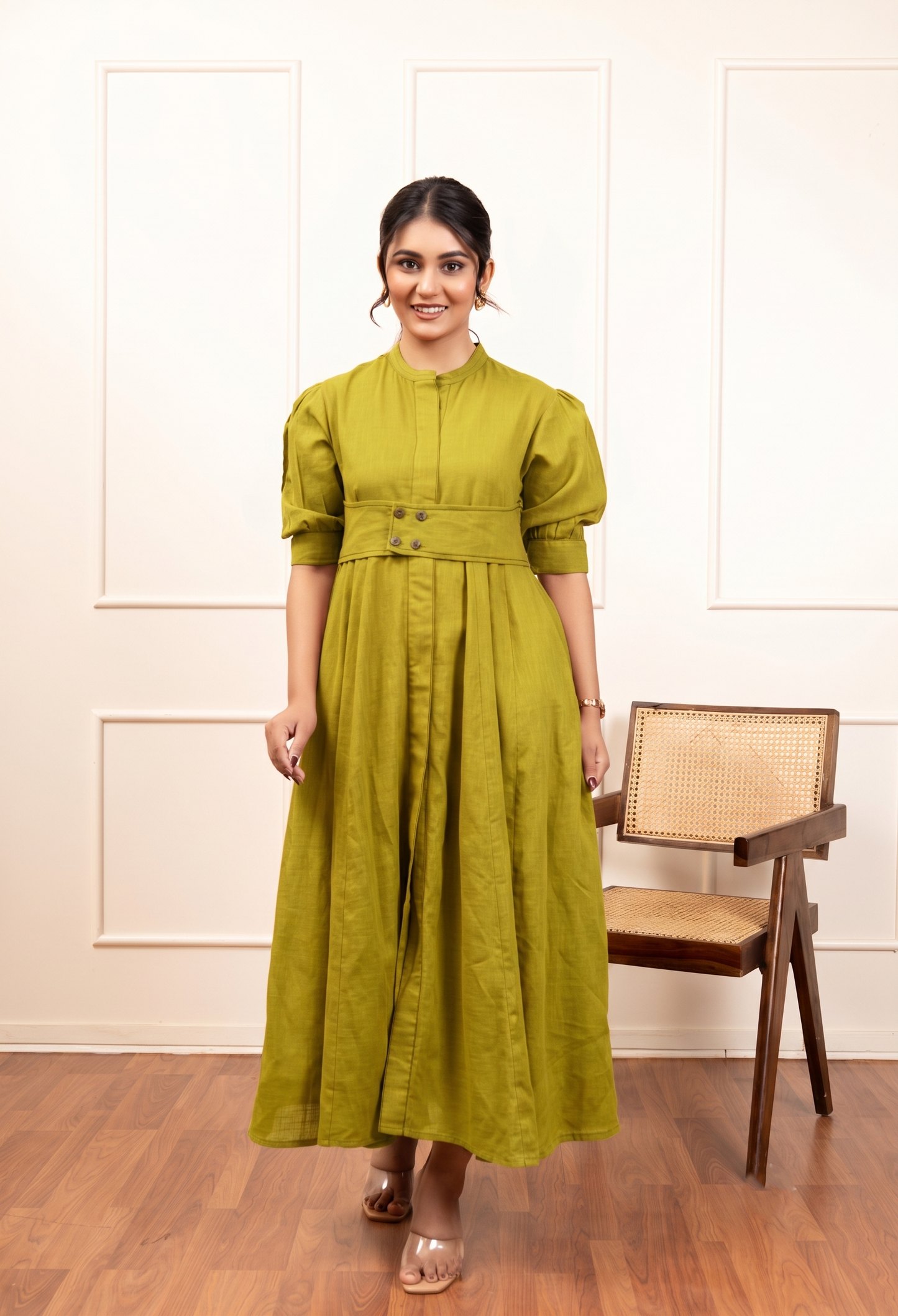 Olive Green Belted Puff Sleeve Maxi Dress