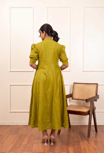 Olive Green Belted Puff Sleeve Maxi Dress