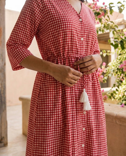 Red Checkered Button-Down Dress
