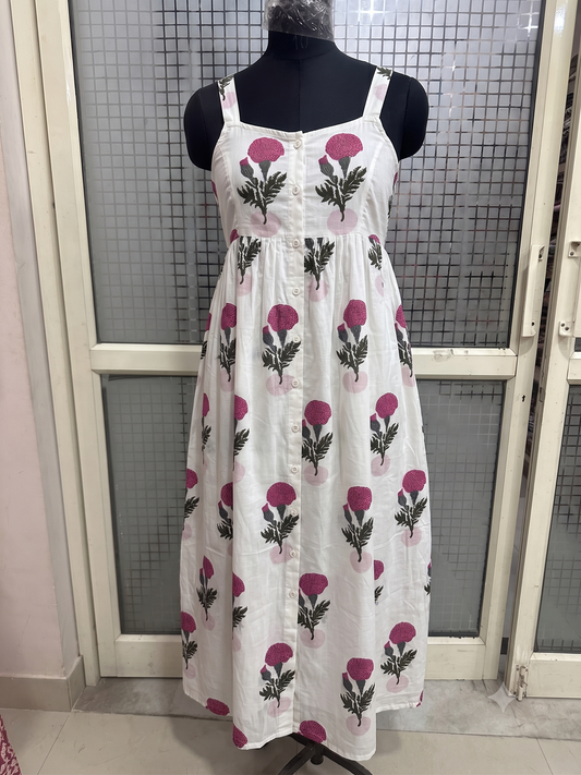 White Floral Print Button Midi Dress