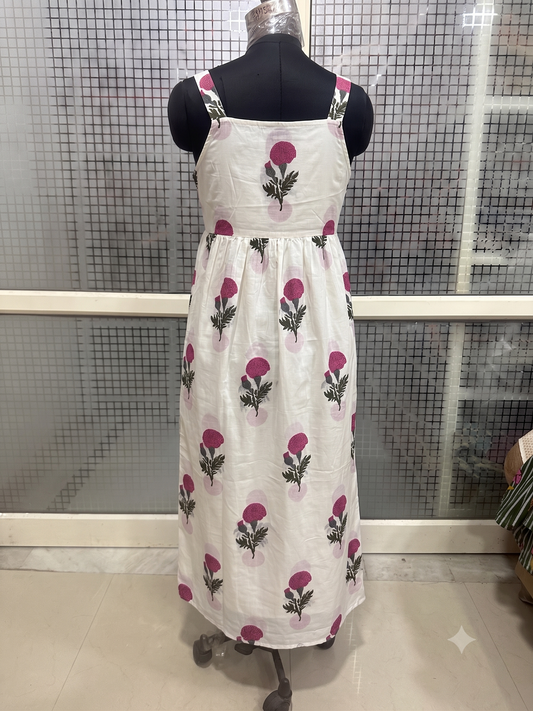 White Floral Print Button Midi Dress