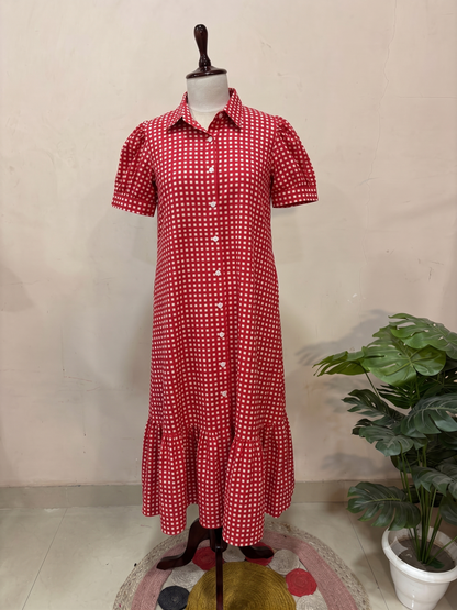 Red Checkered Button Midi Dress