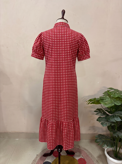 Red Checkered Button Midi Dress
