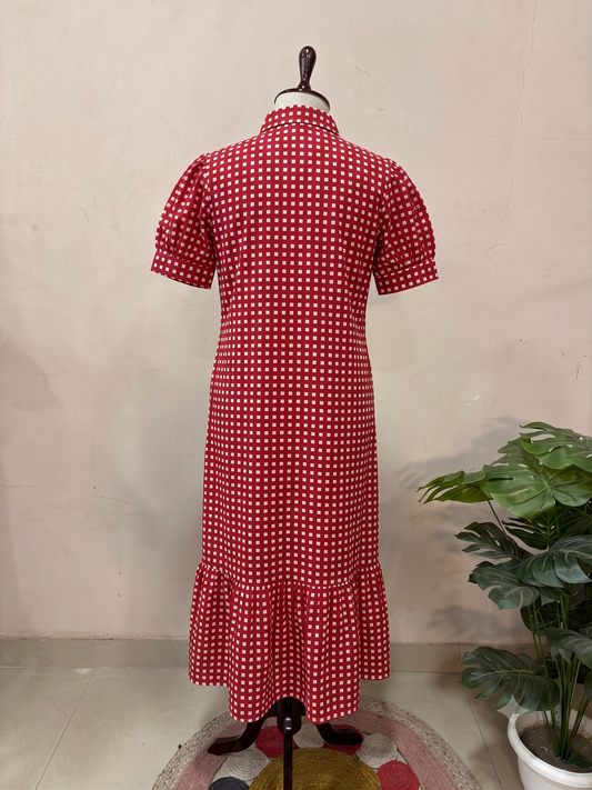 Red Checkered Button Midi Dress