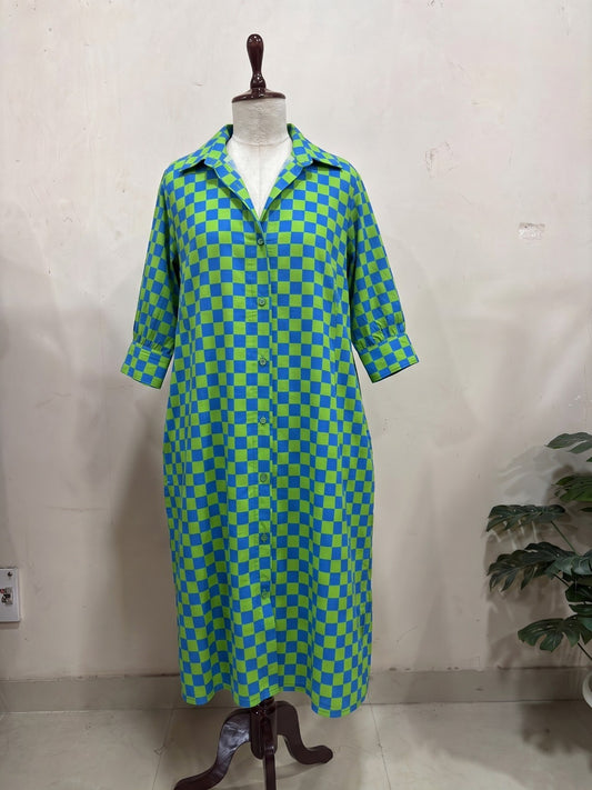 Blue & Green Checkered Button-Down Dress