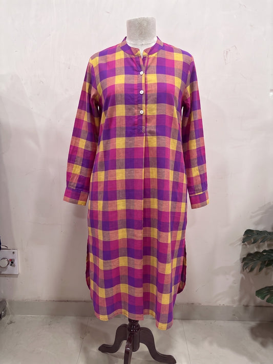 Multicolor Checkered Mandarin Maxi Dress
