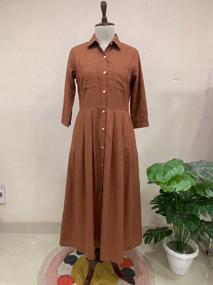 Cinnamon Brown Pleated Shirt Maxi Dress