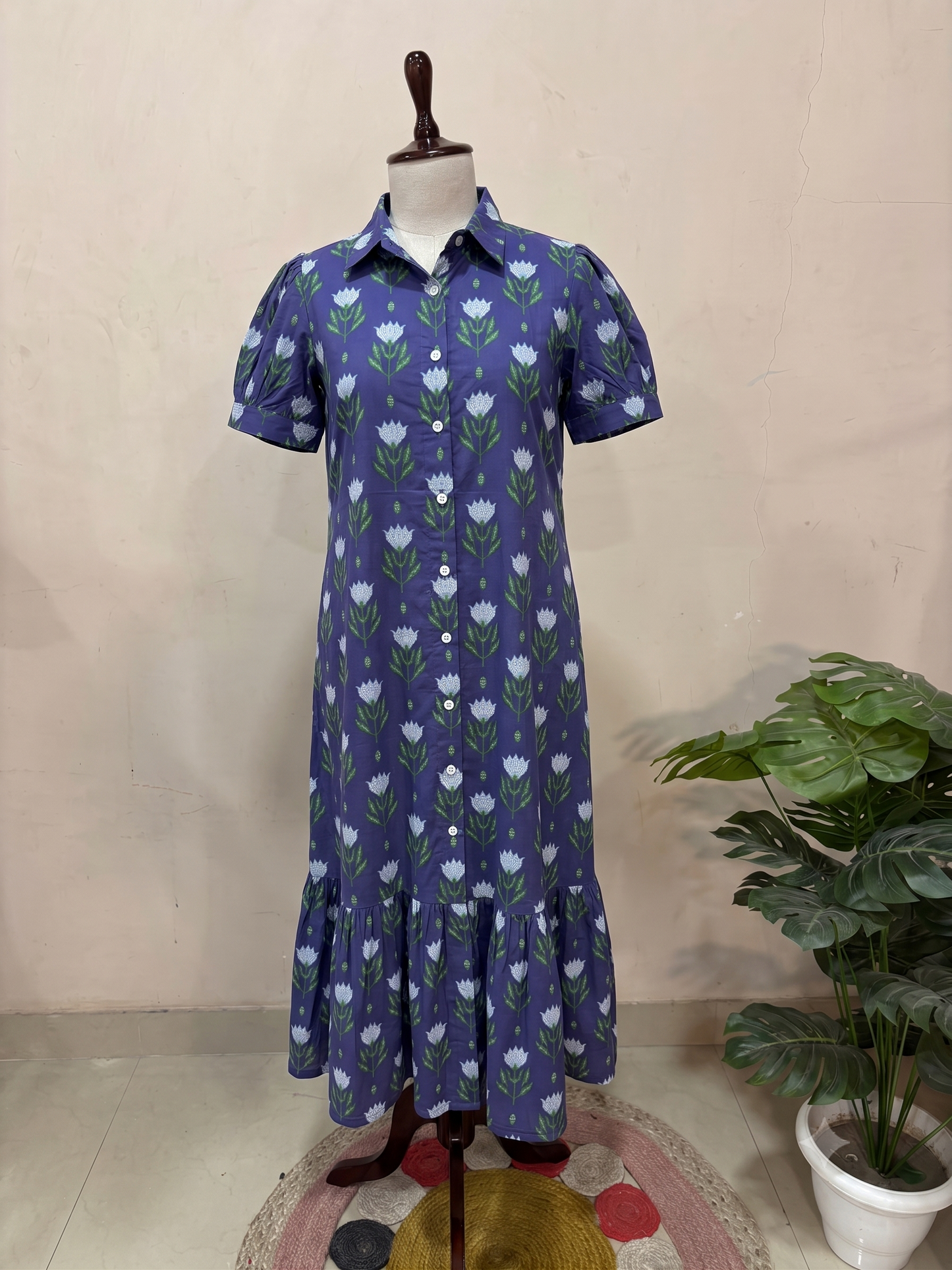 Indigo Floral Print Button Shirt Midi Dress