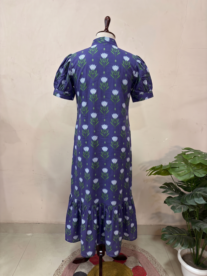 Indigo Floral Print Button Shirt Midi Dress