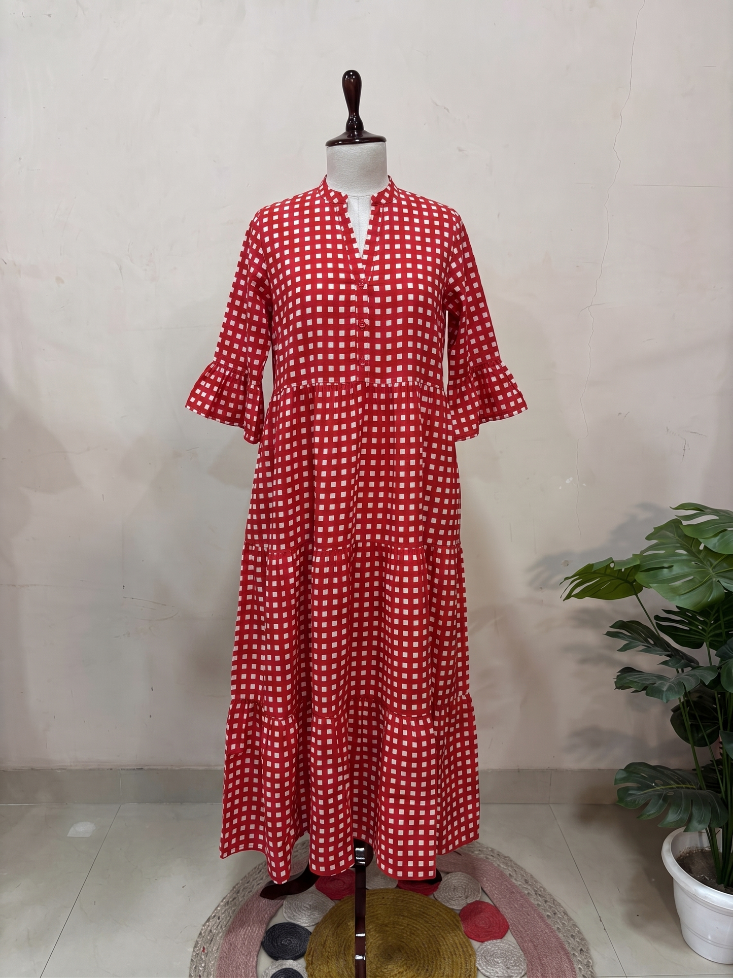 Red Gingham Check Tiered Maxi Dress